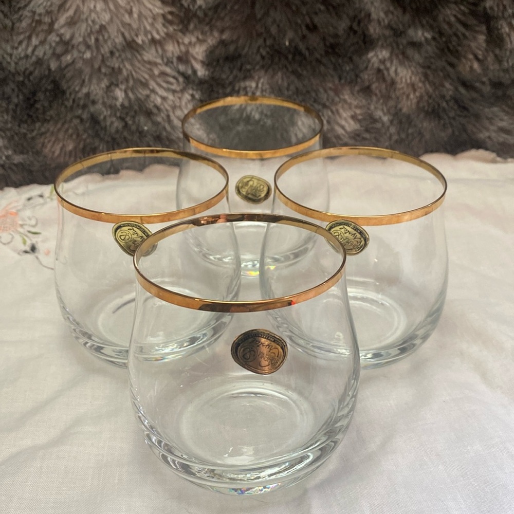 1980 Bohemian Crysalex Geneva old Fashion Gold Rim Whiskey Low Ball Glasses.